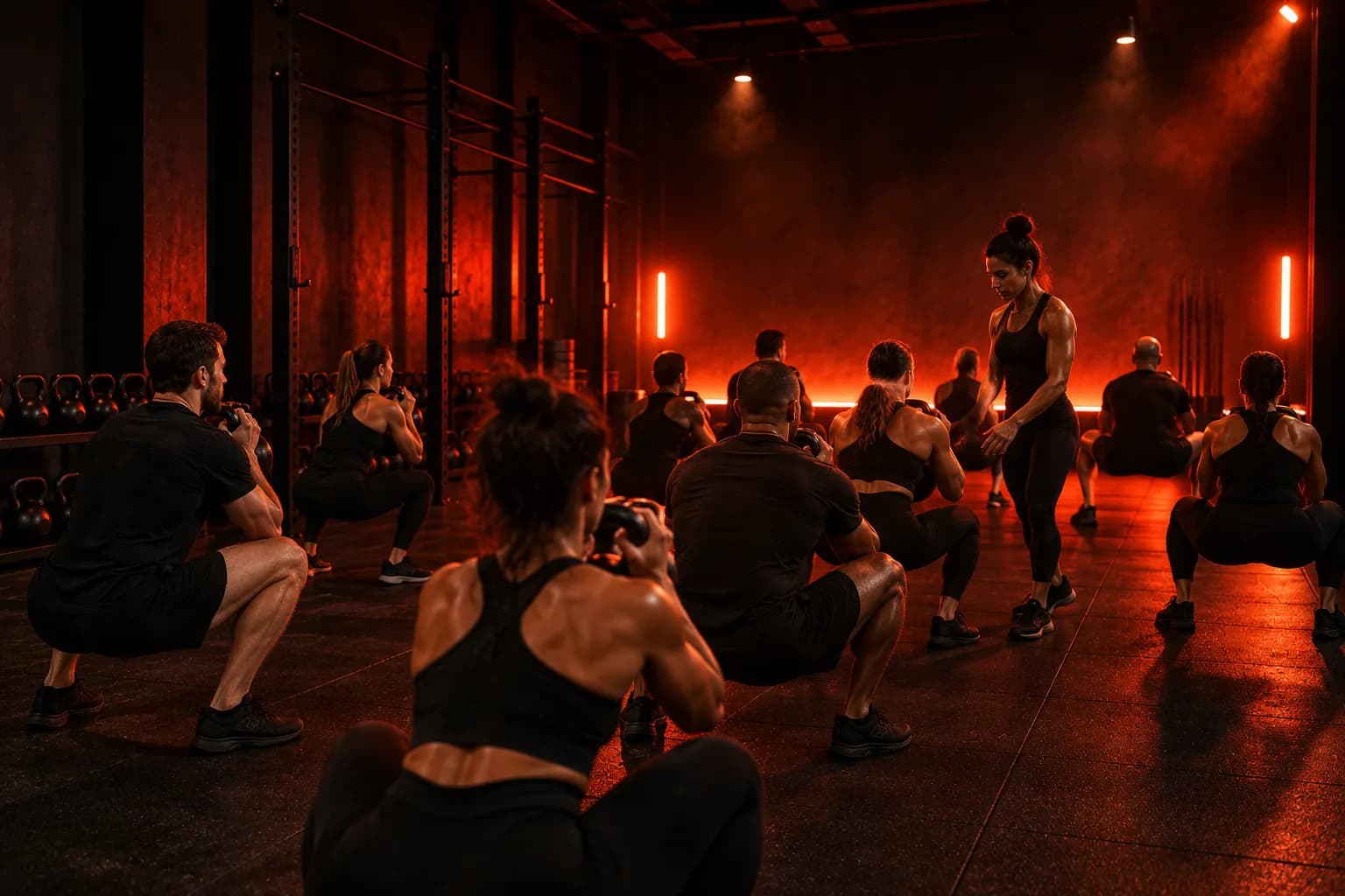 A small group class doing goblet squats while a coach walks the floor