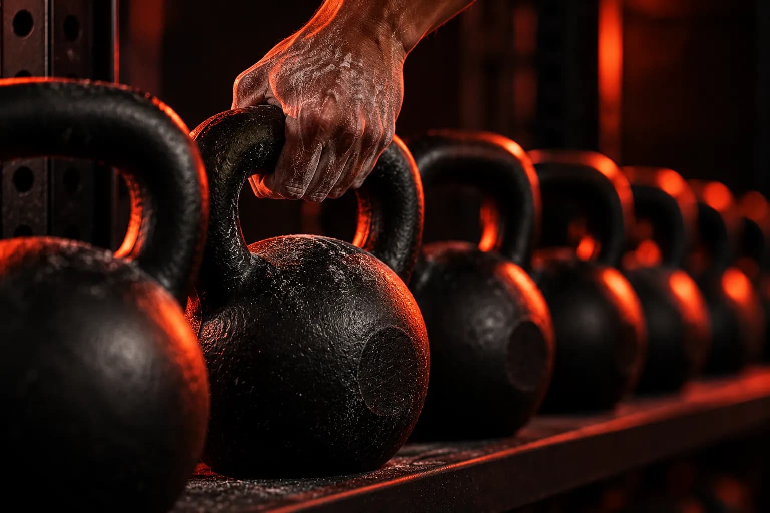 A chalked hand lifting a kettlebell from the rack