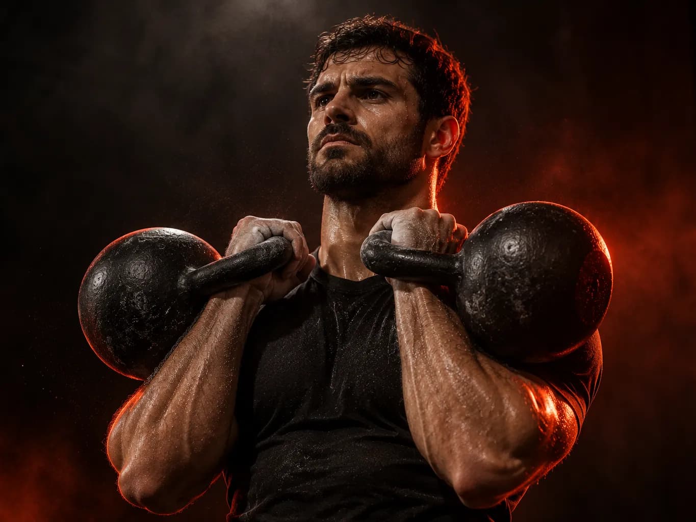 An athlete holding two kettlebells at shoulder height